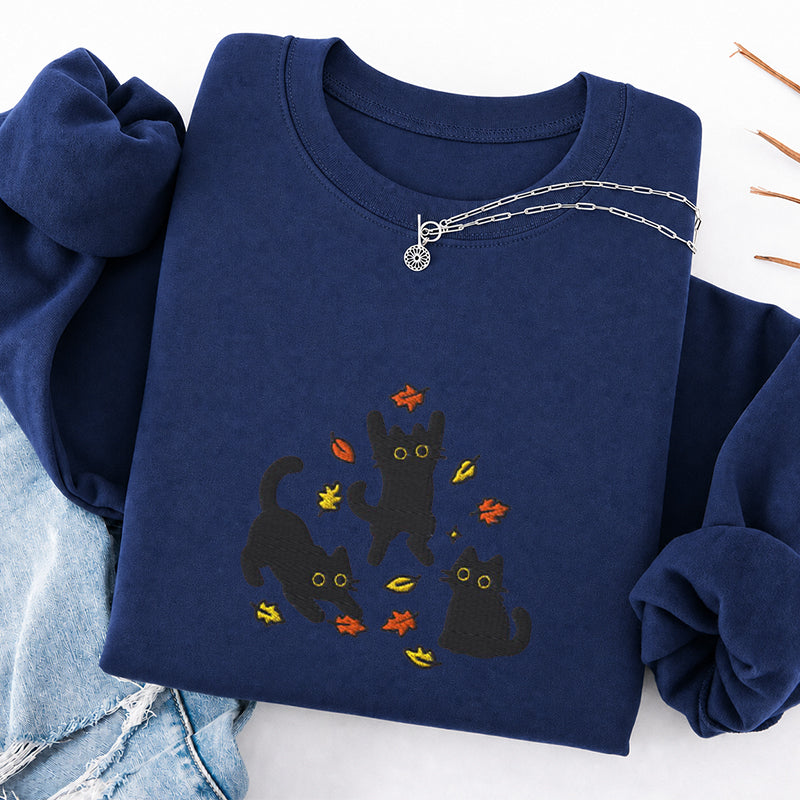Embroidered Black Cats Fall Leaves Classic Crewneck Sweatshirt