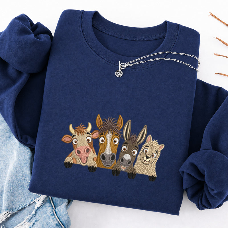 Embroidered Peeking Farm Animals Classic Crewneck Sweatshirt