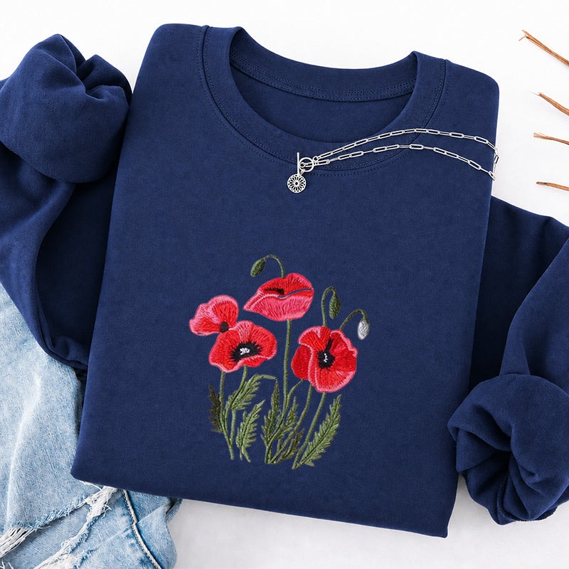Embroidered Poppy Flower Classic Crewneck Sweatshirt