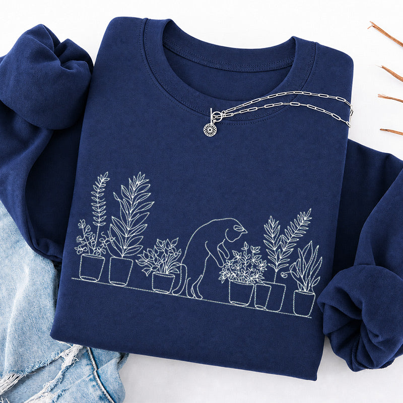 Embroidered Cat and Plant Lover Classic Crewneck Sweatshirt