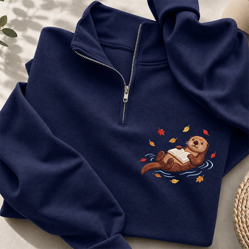 Embroidered Otter Reading Book Classic Quarter Zip Sweatshirt