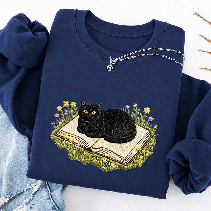Embroidered Black Cat Book Classic Crewneck Sweatshirt