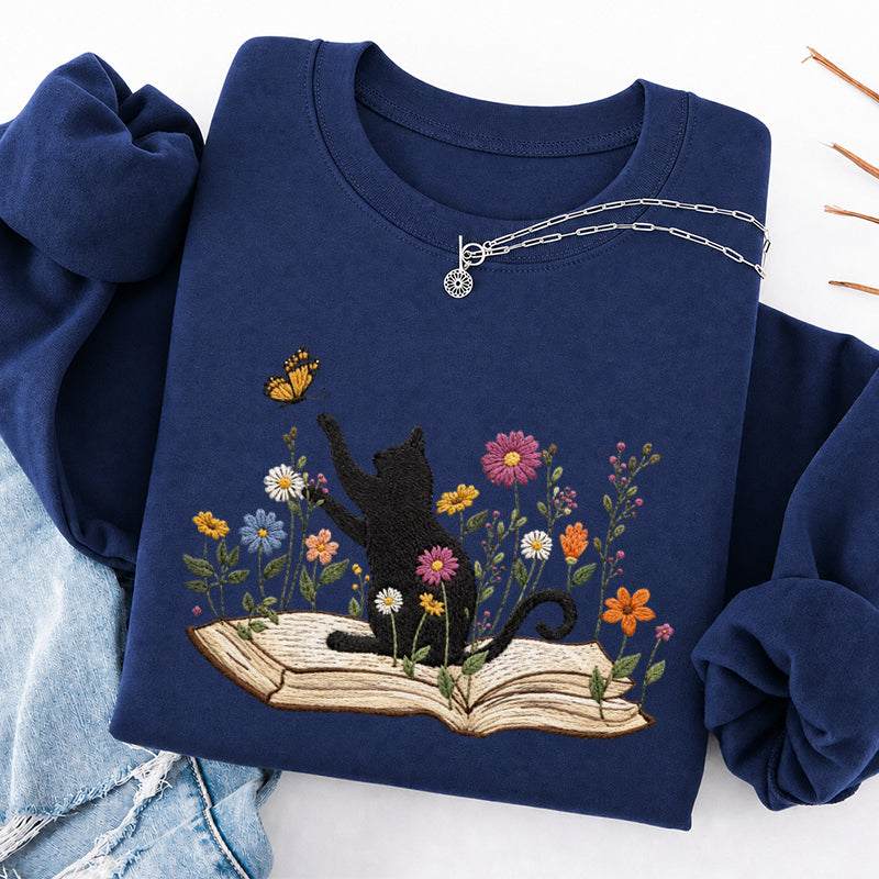 Embroidered Floral Book Cat Classic Crewneck Sweatshirt