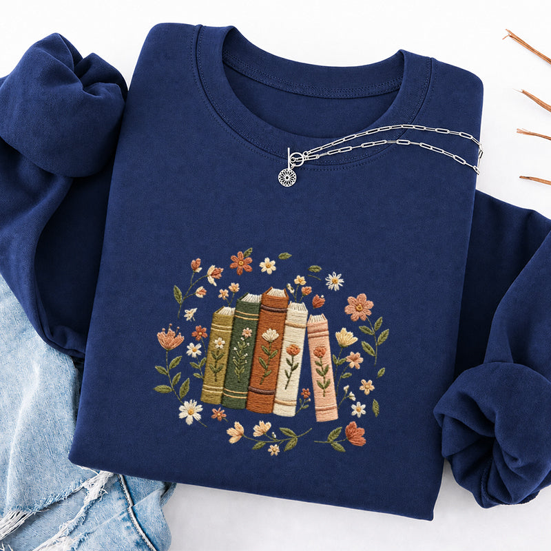 Embroidered Floral Book Stack Classic Crewneck Sweatshirt
