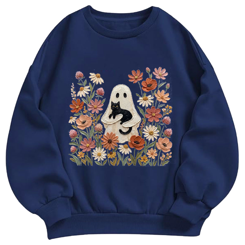 Ghost with Black Cat Floral Classic Adult Unisex Crewneck Sweatshirts