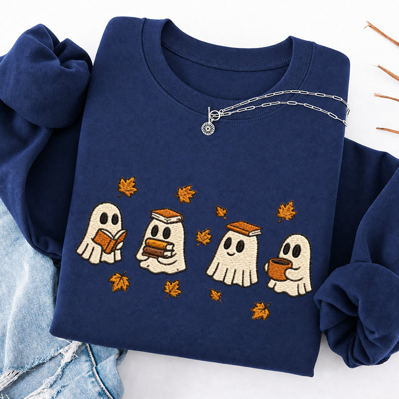 Embroidered Autumn Bookish Ghost Crewneck Sweatshirt