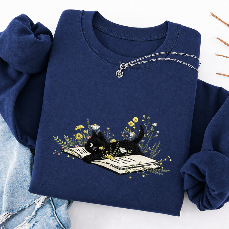 Embroidered Floral Book Cat Classic Crewneck Sweatshirt