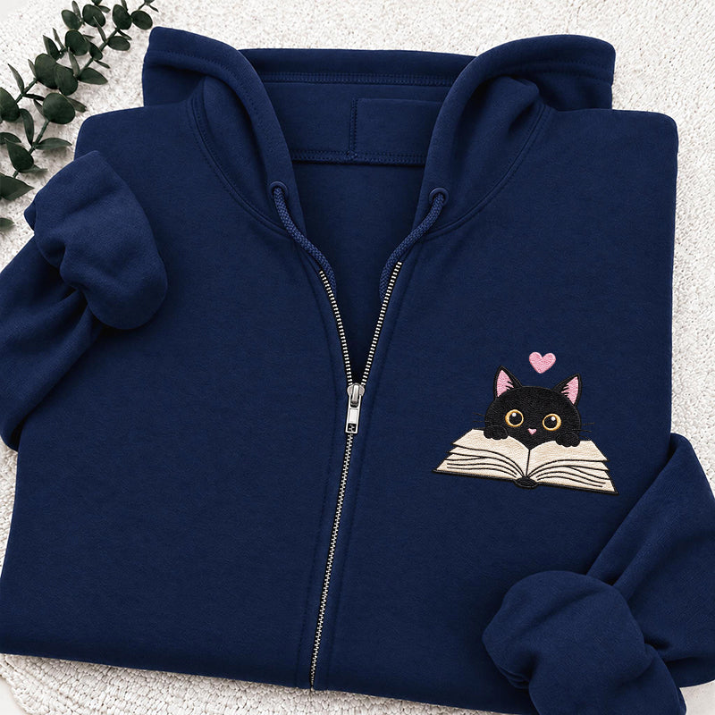 Embroidered Reading Black Cat Classic Adult Unisex Full Zip Hoodie