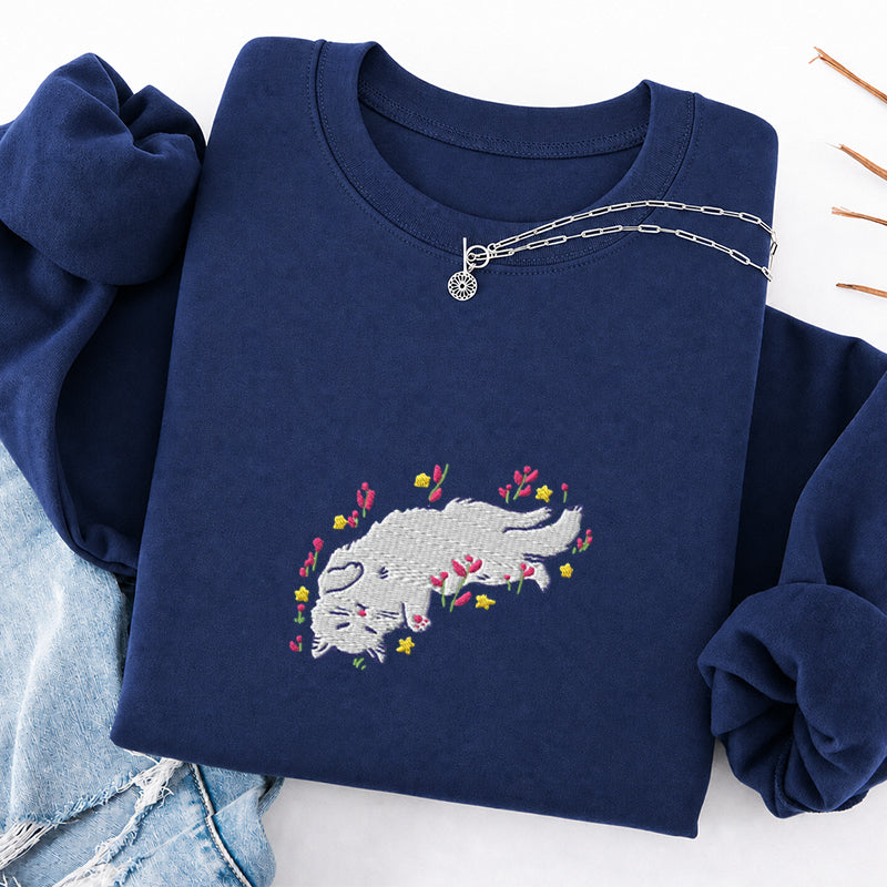 Embroidered Floral Playing Cat Classic Crewneck Sweatshirt