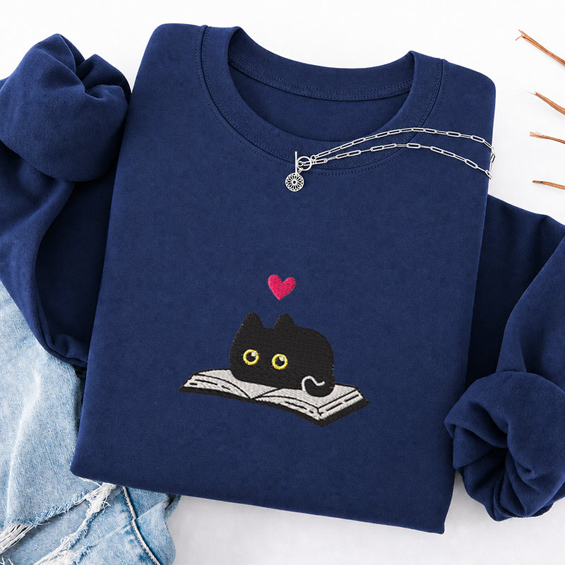 Embroidered Black Cat And Book Classic Crewneck Sweatshirt
