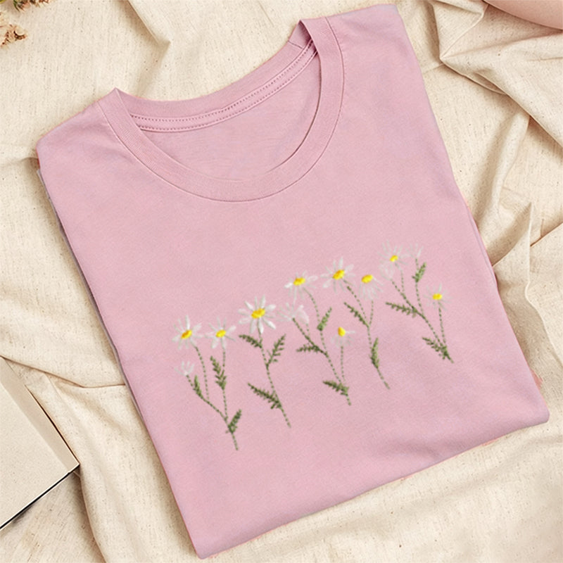 Embroidered Daisy Classic Adult Unisex Crew Neck T-Shirt