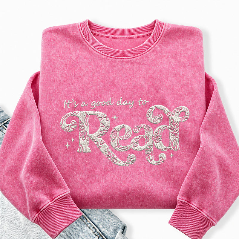 Embroidered Floral A Good Day To Read Washed Crewneck Sweatshirt