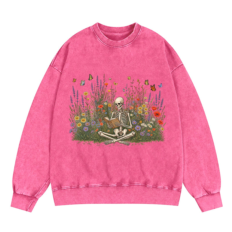 Skeleton Reading Book Wildflowers Washed Crewneck Sweatshirt