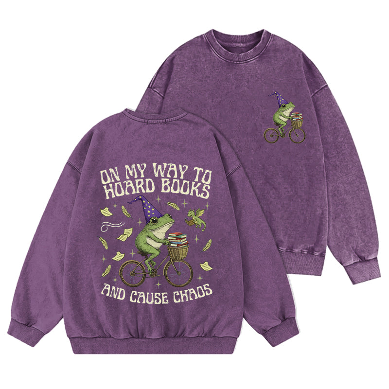 Off To Hoard Books Bookish Frog Washed Crewneck Sweatshirt
