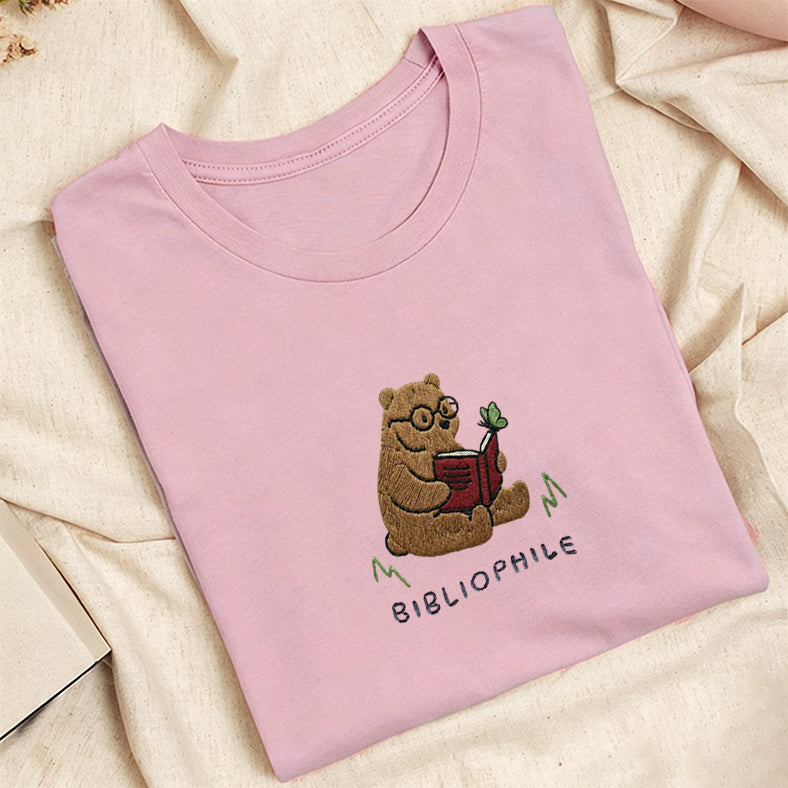 Embroidered Reading Bear Classic Adult Unisex Crew Neck T-Shirt