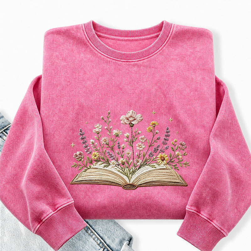 Embroidered Floral Book Washed Crewneck Sweatshirt
