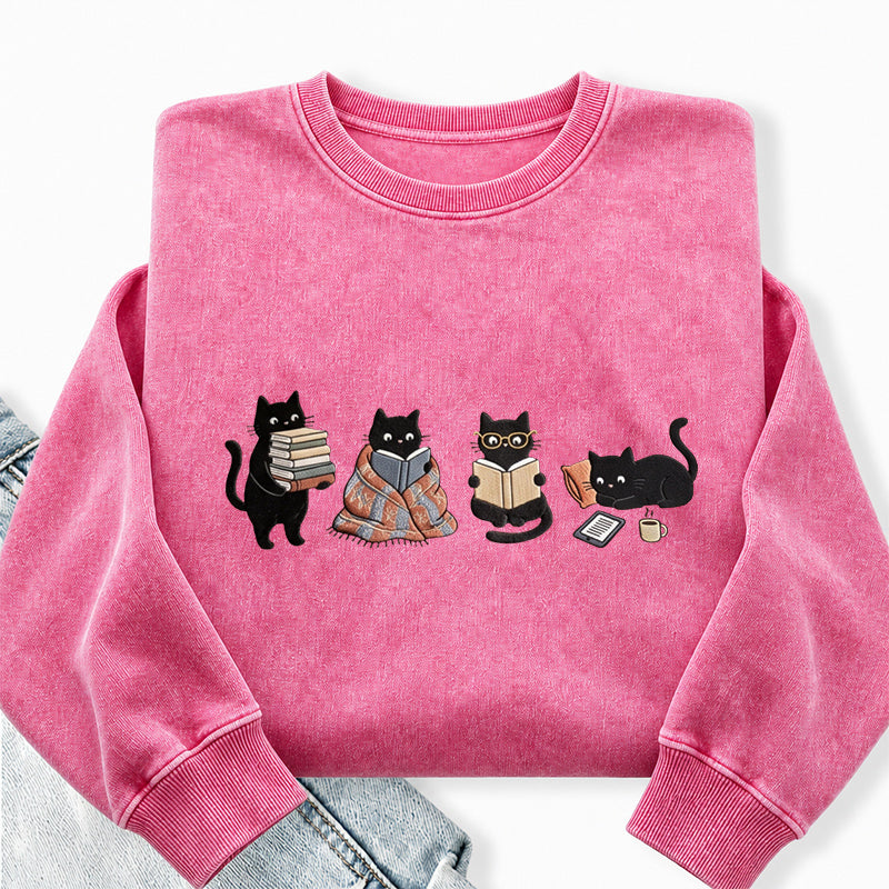 Embroidered Reading Black Cat Washed Crewneck Sweatshirt