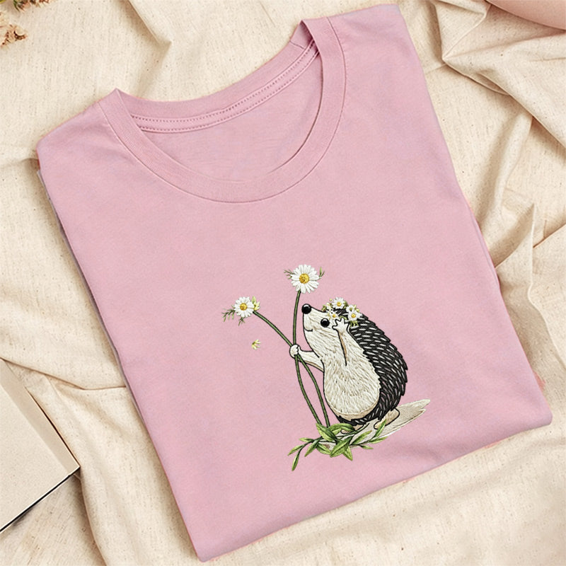 Embroidered Hedgehog Daisy Classic Adult Unisex Crew Neck T-Shirt