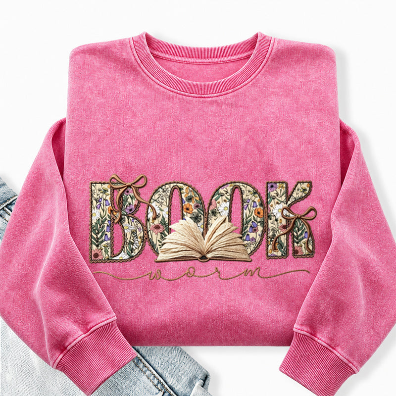 Embroidered Boho Wildflower Bookworm Washed Crewneck Sweatshirt