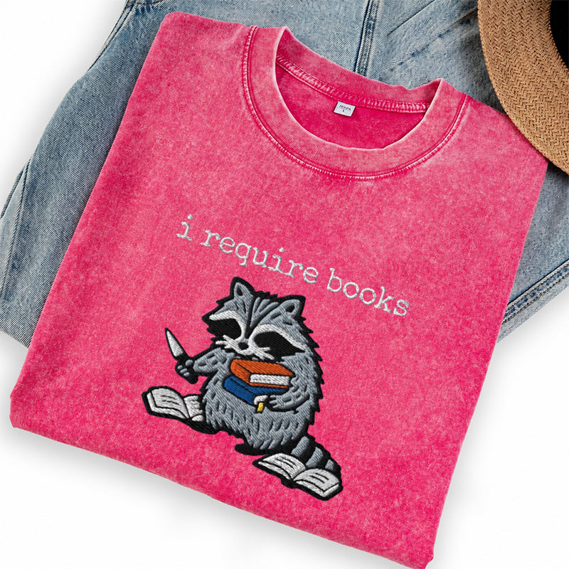 Embroidered I Require Books Washed Crew Neck T-Shirt