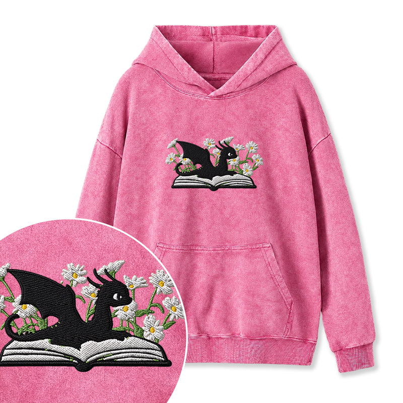 Embroidered Floral Dragon Book Washed Hoodie