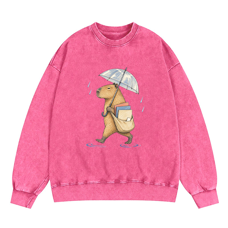 Capybara Rainy Day Book Washed Crewneck Sweatshirt