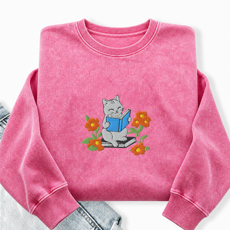 Embroidered Floral Bookish Cat Washed Crewneck Sweatshirt