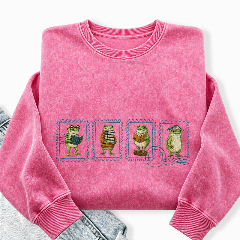 Embroidered Bookish Frog Stamp Washed Crewneck Sweatshirt