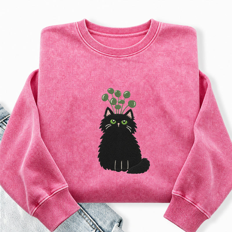 Embroidered Plant Black Cat Washed Crewneck Sweatshirt