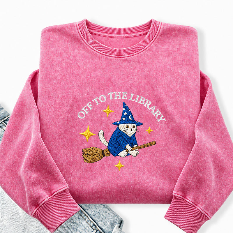 Embroidered Cat Off To The Library Washed Crewneck Sweatshirt