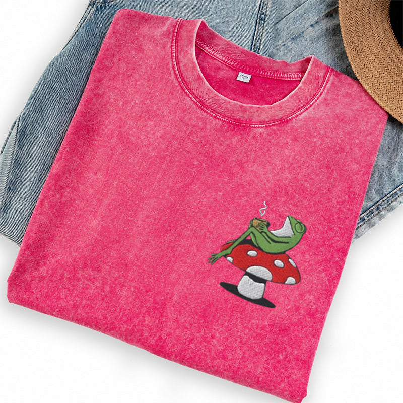 Embroidered Frog Coffee Time Washed Crew Neck T-Shirt