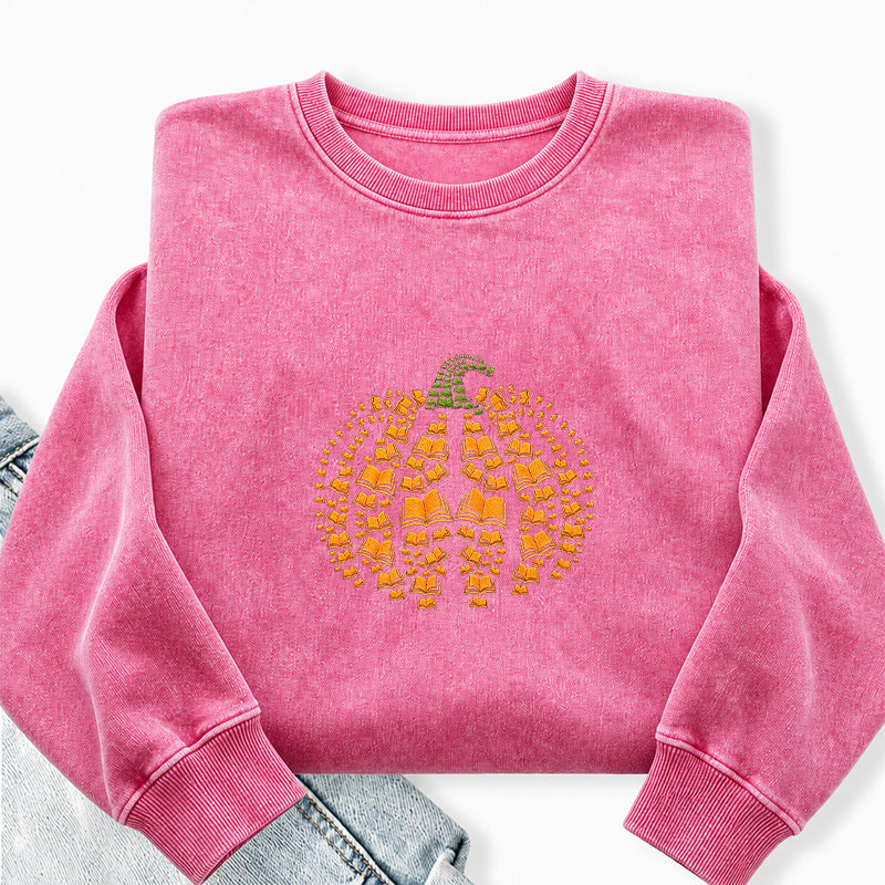Embroidered Book Pumpkin Washed Crewneck Sweatshirt