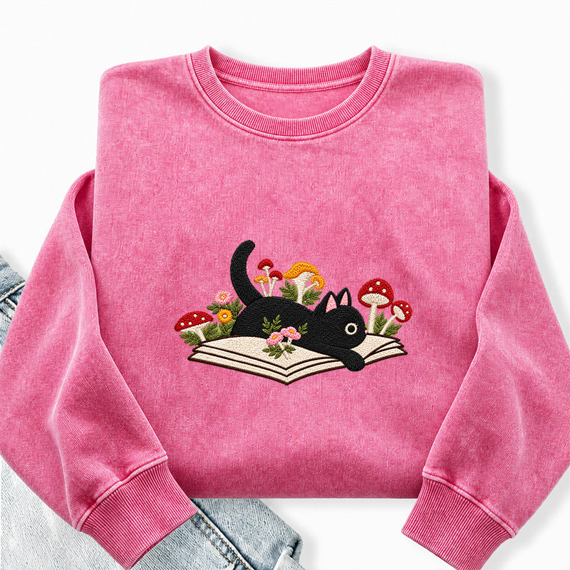 Embroidered Black Cat Mushroom Book Washed Crewneck Sweatshirt