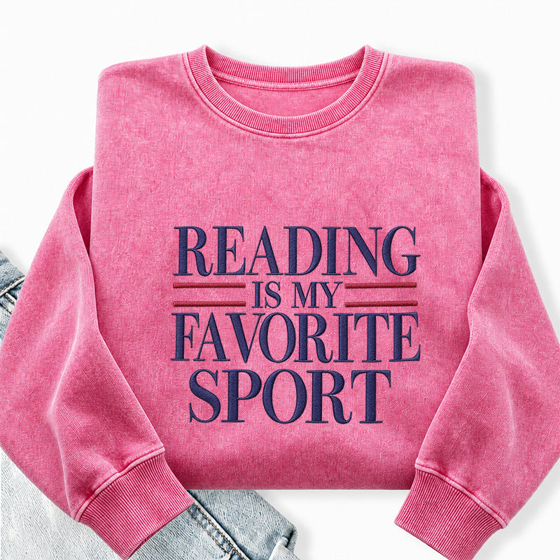 Embroidered Reading Is My Favorite Sport Washed Crewneck Sweatshirt