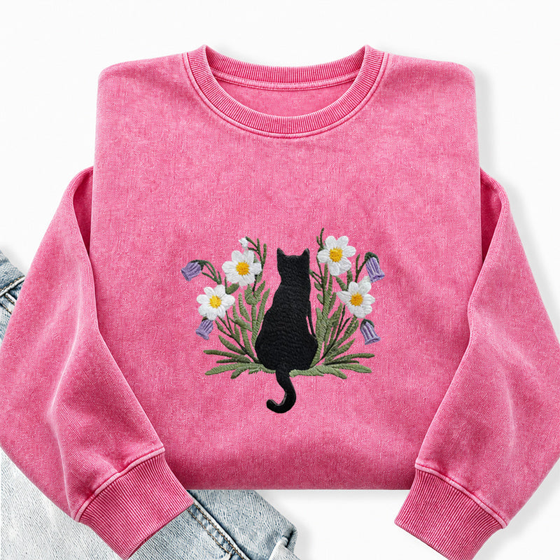 Embroidered Black Cat Flower Washed Crewneck Sweatshirt