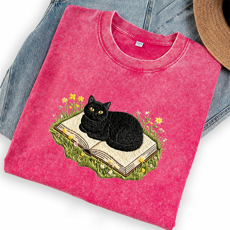 Embroidered Black Cat Book Washed Crew Neck T-Shirt