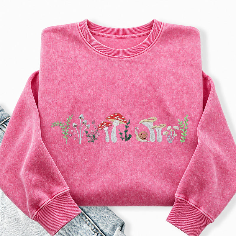 Embroidered Forest Mushroom Washed Crewneck Sweatshirt