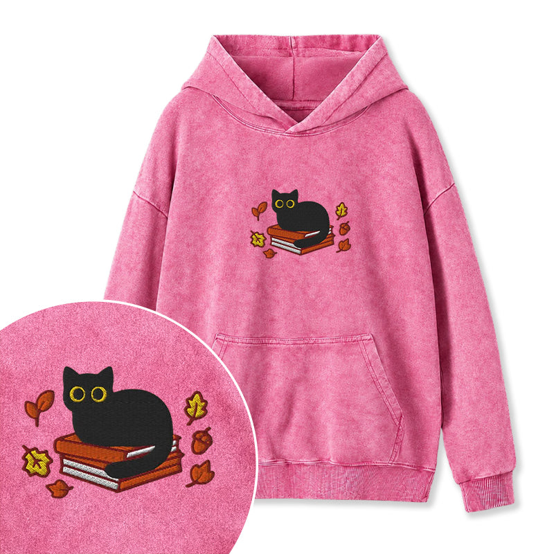 Embroidered Autumn Black Cat Book Washed Hoodie