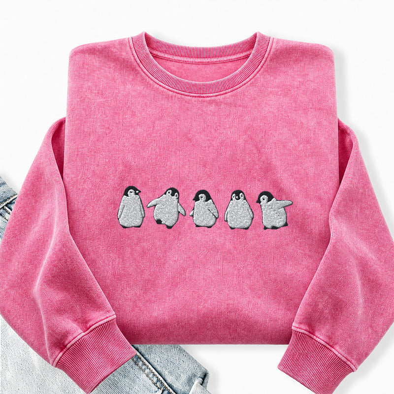 Embroidered Cute Penguins Washed Crewneck Sweatshirt