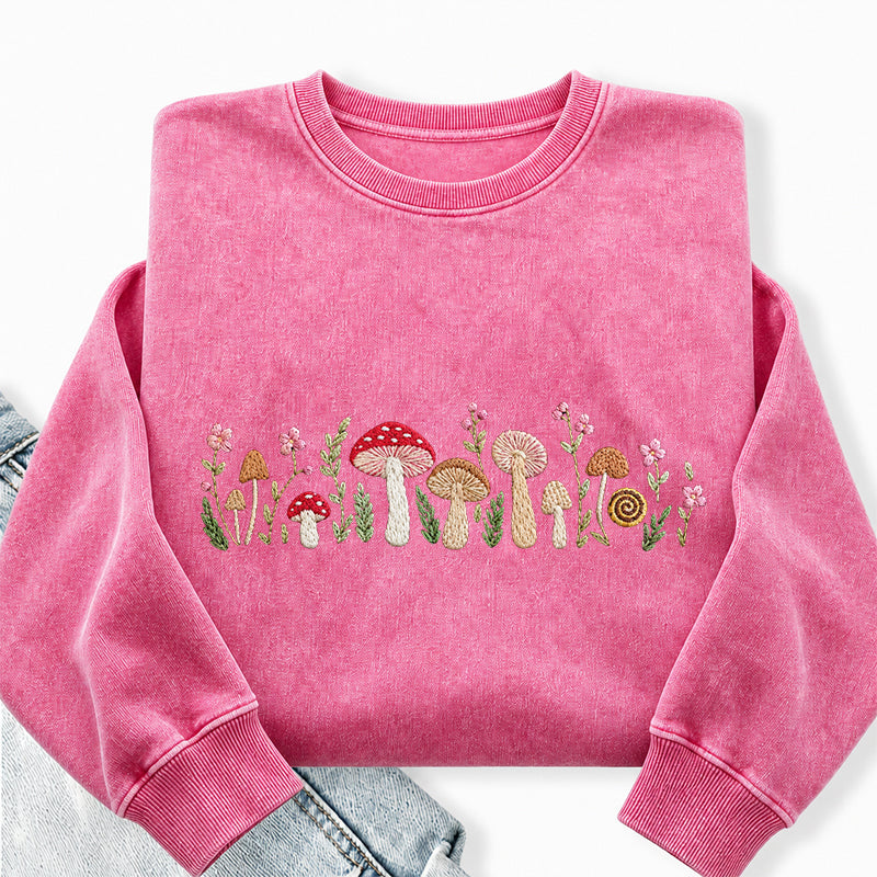 Embroidered Enchanted Mushroom Washed Crewneck Sweatshirt