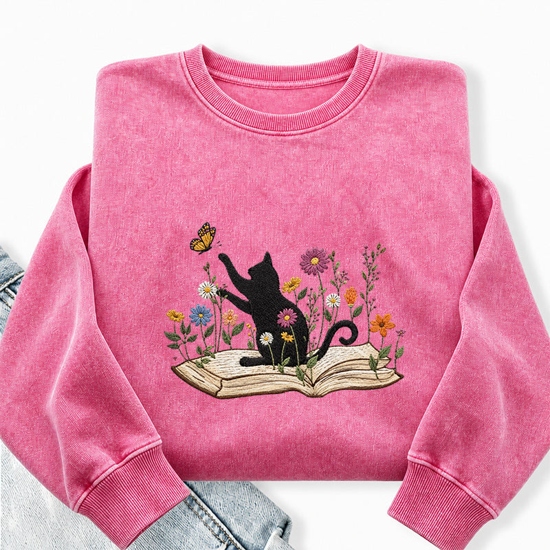 Embroidered Floral Book Cat Washed Crewneck Sweatshirt