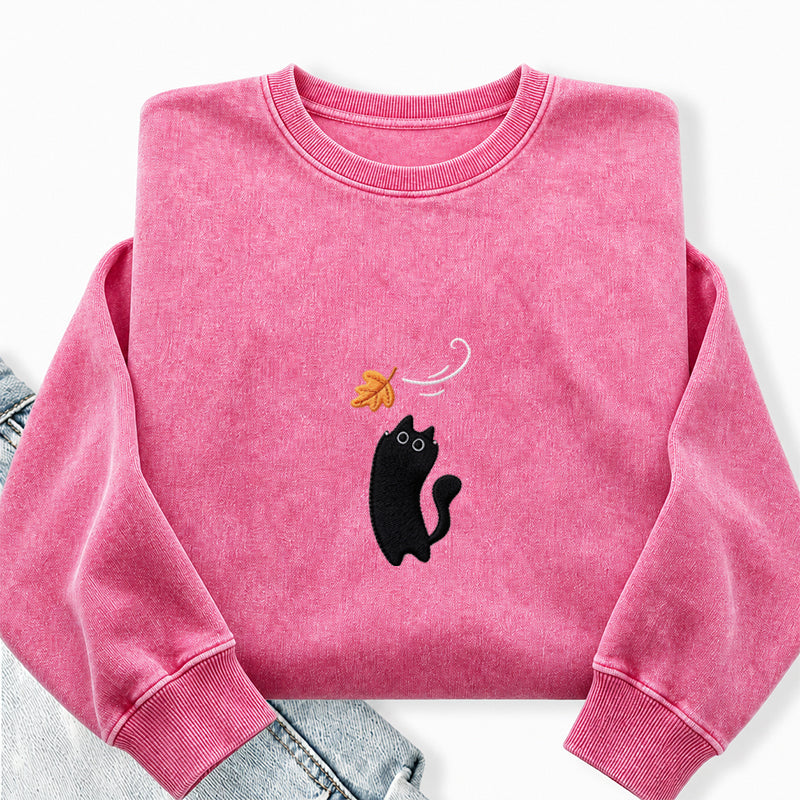 Embroidered Black Cats Fall Washed Crewneck Sweatshirt