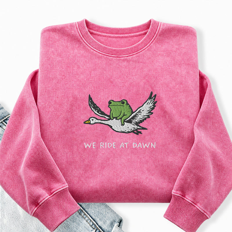 Embroidered We Ride At Dawn Frog Washed Crewneck Sweatshirt