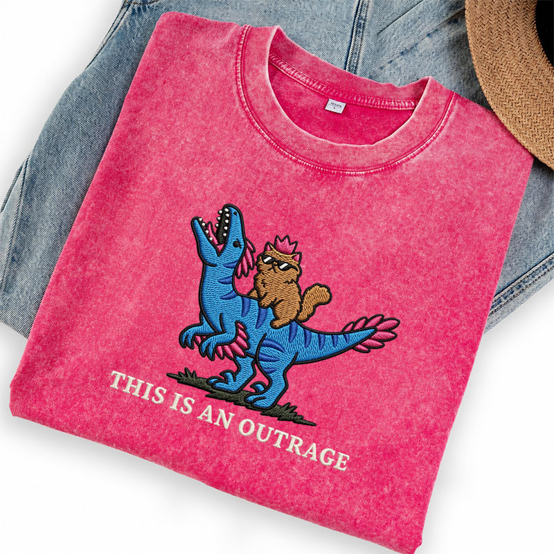 Embroidered This Is An Outrage Book Lover Washed Crew Neck T-Shirt
