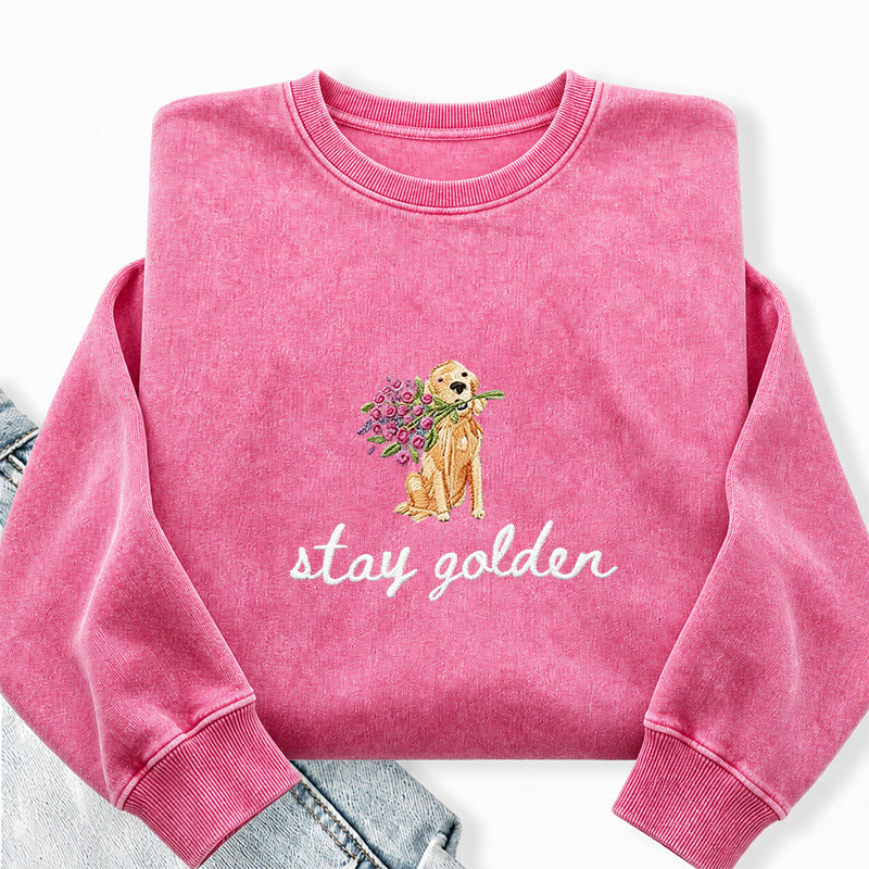 Embroidered Stay Golden Washed Crewneck Sweatshirt