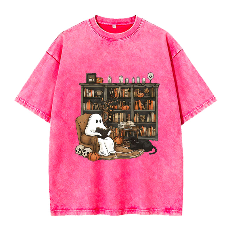Retro Ghost Reading Washed Crew Neck T-Shirt