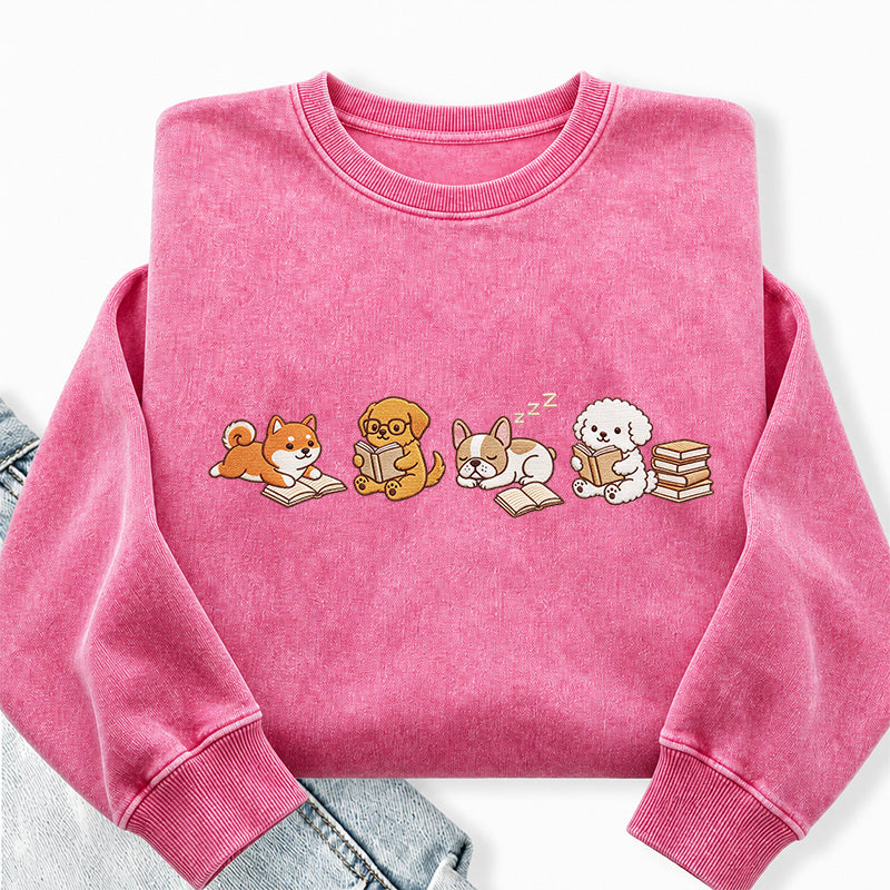 Embroidered Reading Dogs Washed Crewneck Sweatshirt