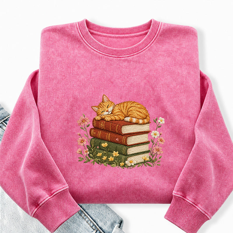 Embroidered Cat Sleeping On Books Washed Crewneck Sweatshirt