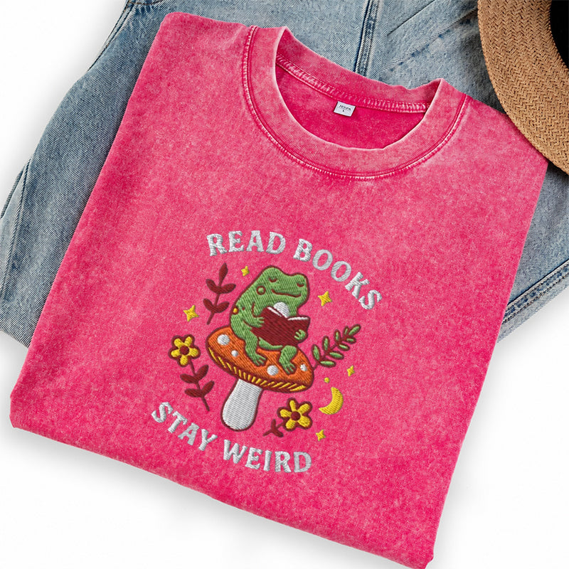 Embroidered Read Books Stay Weird Reading Frog Washed Crew Neck T-Shirt