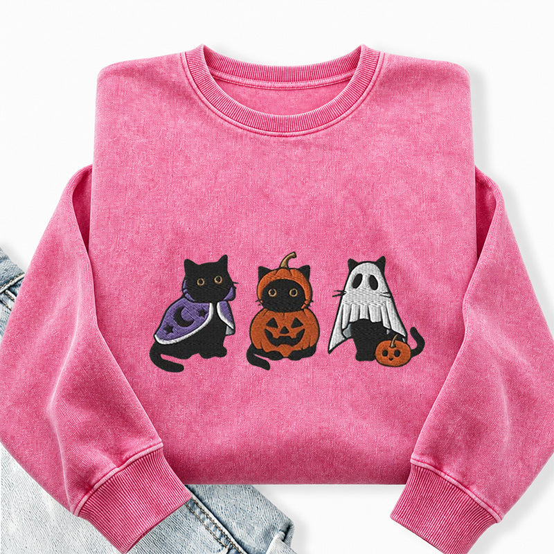 Embroidered Funny Halloween Black Cats Washed Crewneck Sweatshirt